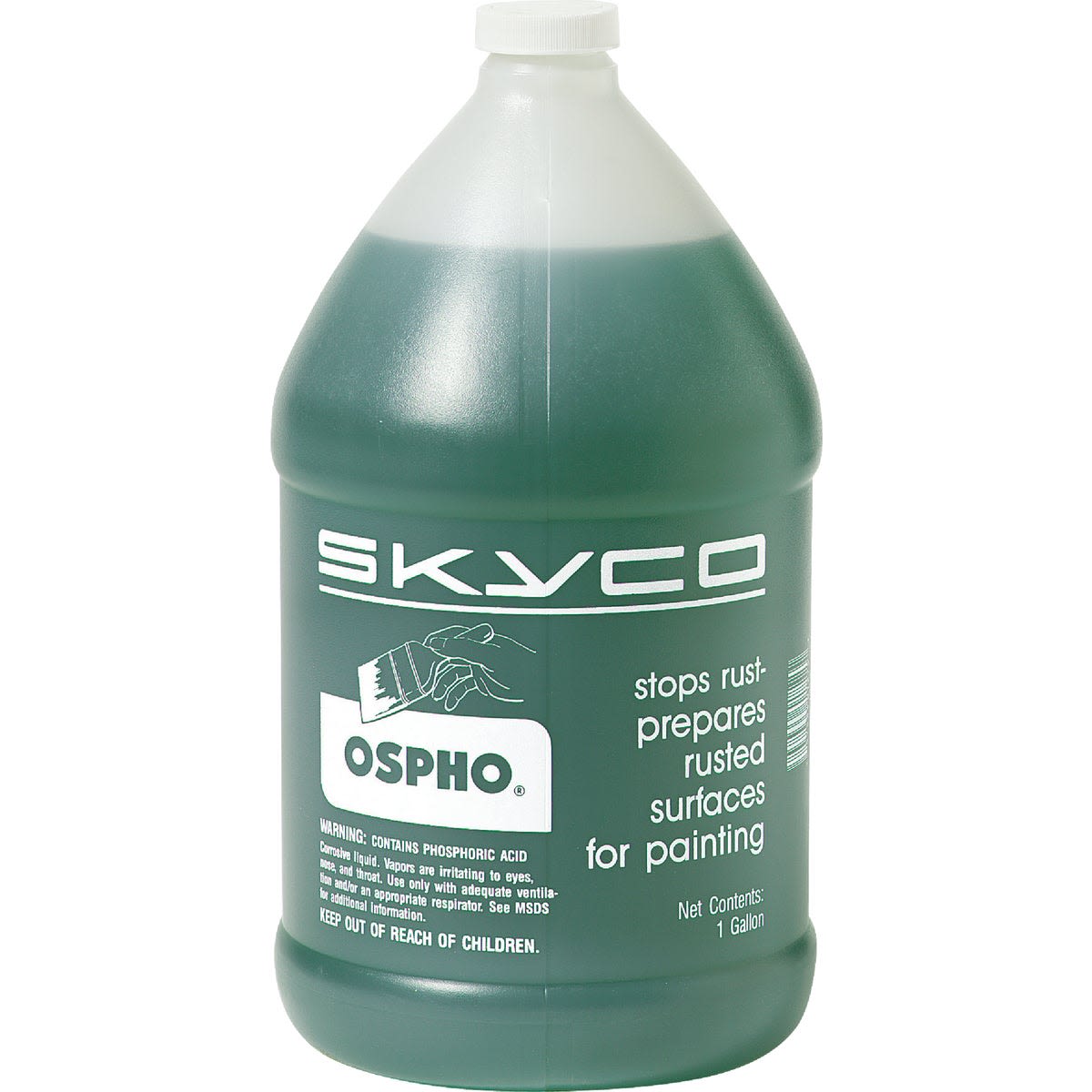 One gallon container of green Ospho Skyco rust treatment for metal preparation in home improvement projects