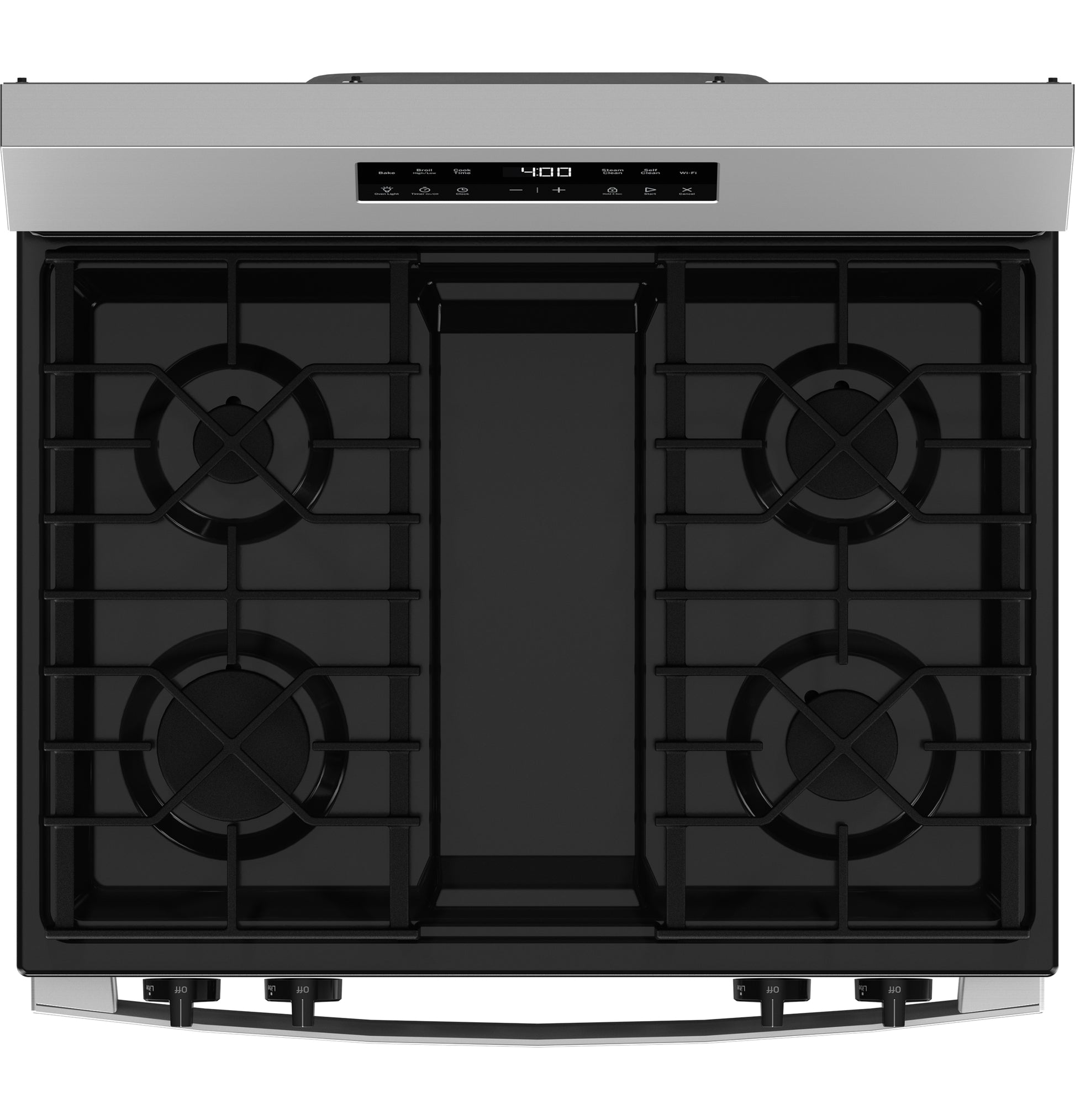 Top view of stainless steel gas range with four burners, grates, and digital control panel from kitchen appliances collection