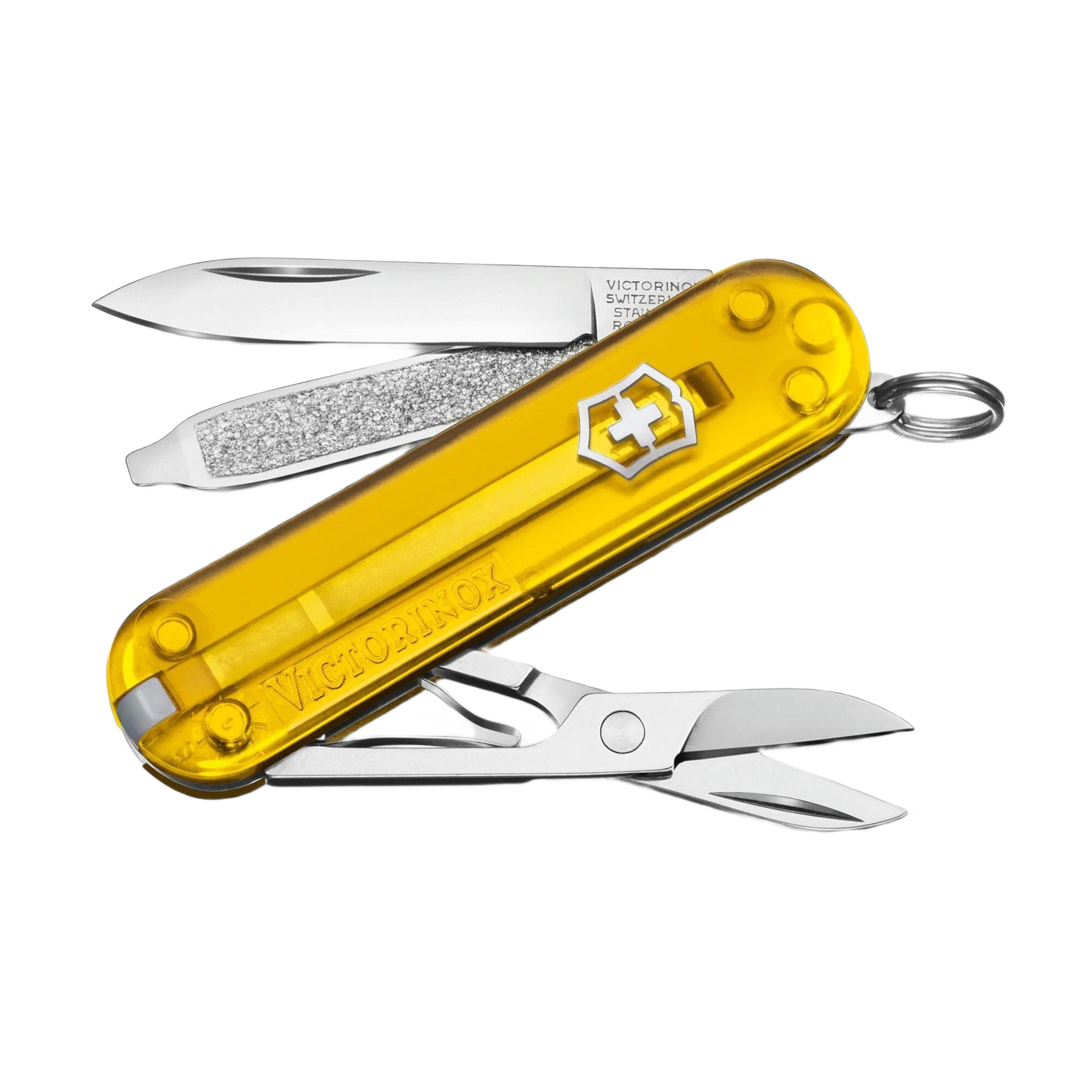 Compact yellow transparent multi-tool with blade, nail file, and scissors for cutting and hand tool use