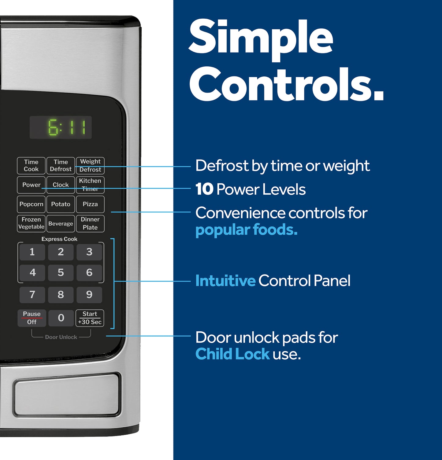 Close-up of microwave control panel showing digital clock, preset food buttons, and child lock door unlock pads