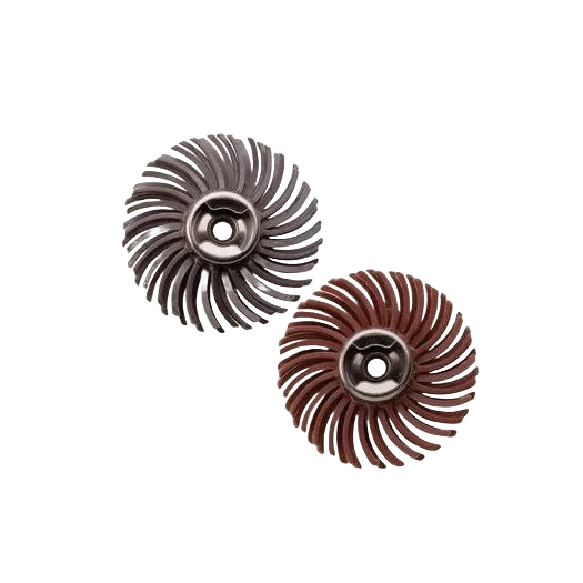 Two circular detail abrasive brushes with spiral abrasive edges for rotary tool accessories and home improvement tasks