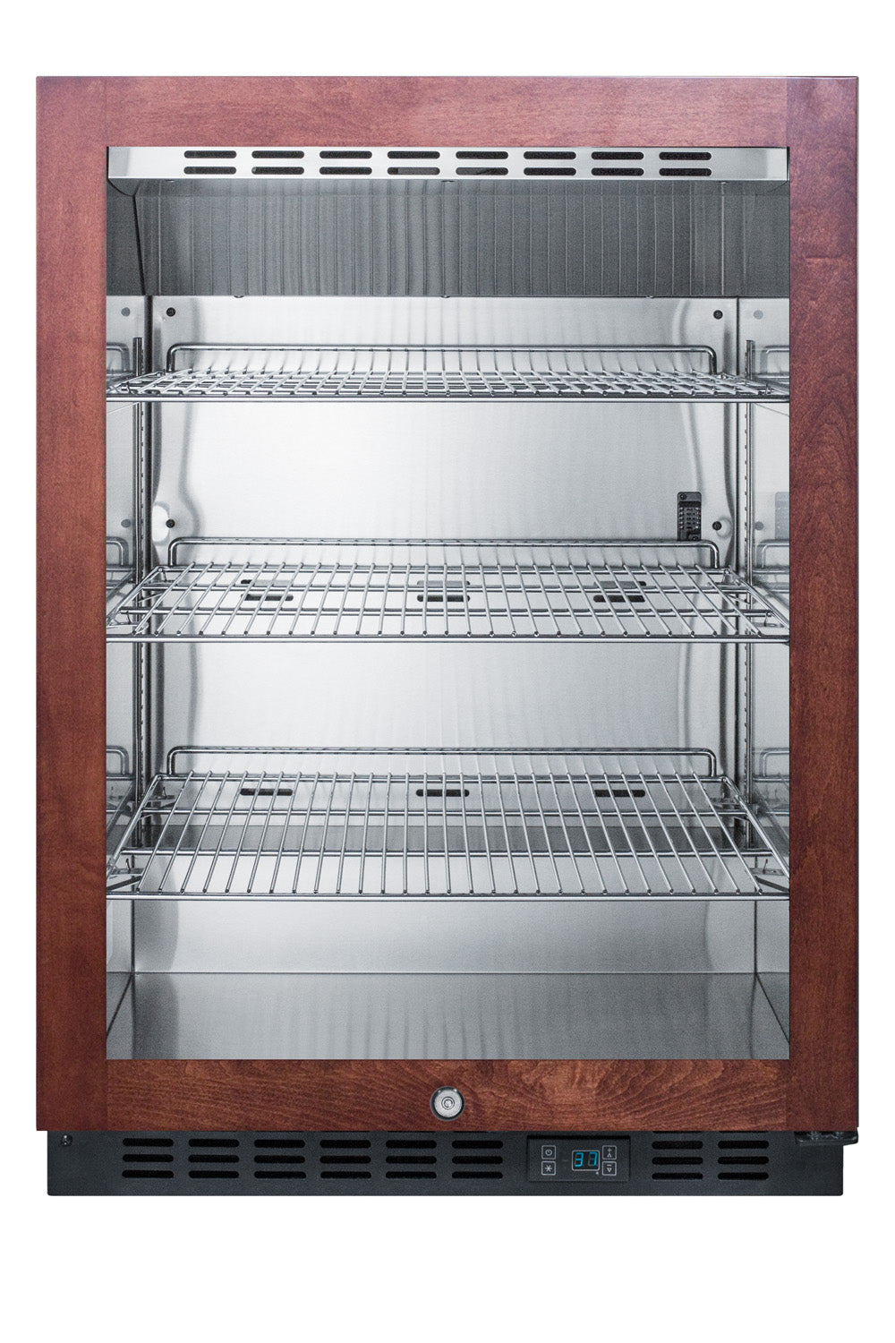 Built-in beverage center with wood frame and glass door featuring adjustable wire shelves in kitchen appliances collection