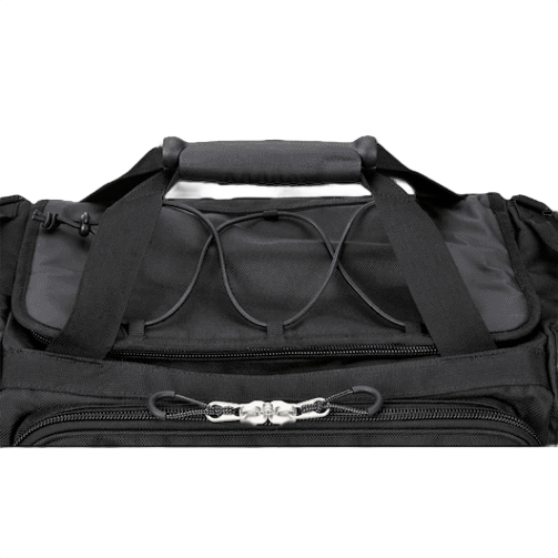 Black vertical jobsite tool bag with padded handle, top bungee cord, and dual zipper pulls for organized storage and easy access
