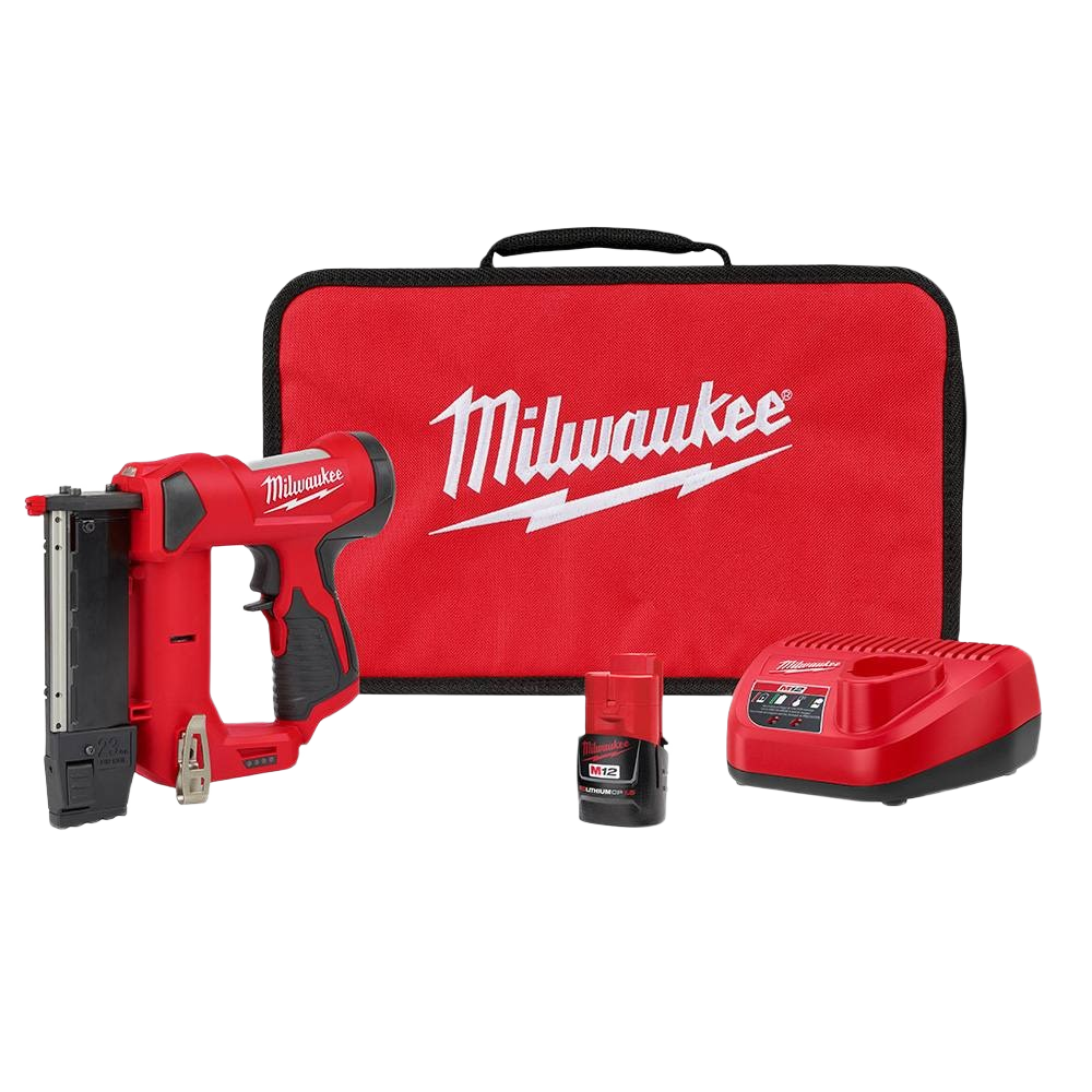Red cordless pin nailer with battery, charger, and red carrying case for home improvement and woodworking tasks