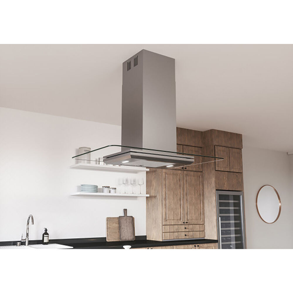 Contemporary stainless steel range hood with straight glass canopy and adjustable LED ambiance lighting in modern kitchen setting