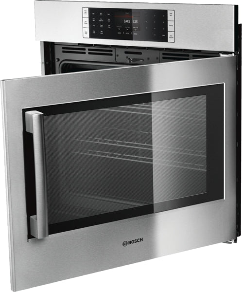 Stainless steel single wall oven with right side-opening door, touchscreen controls, and multiple cooking modes from Bosch appliances collection