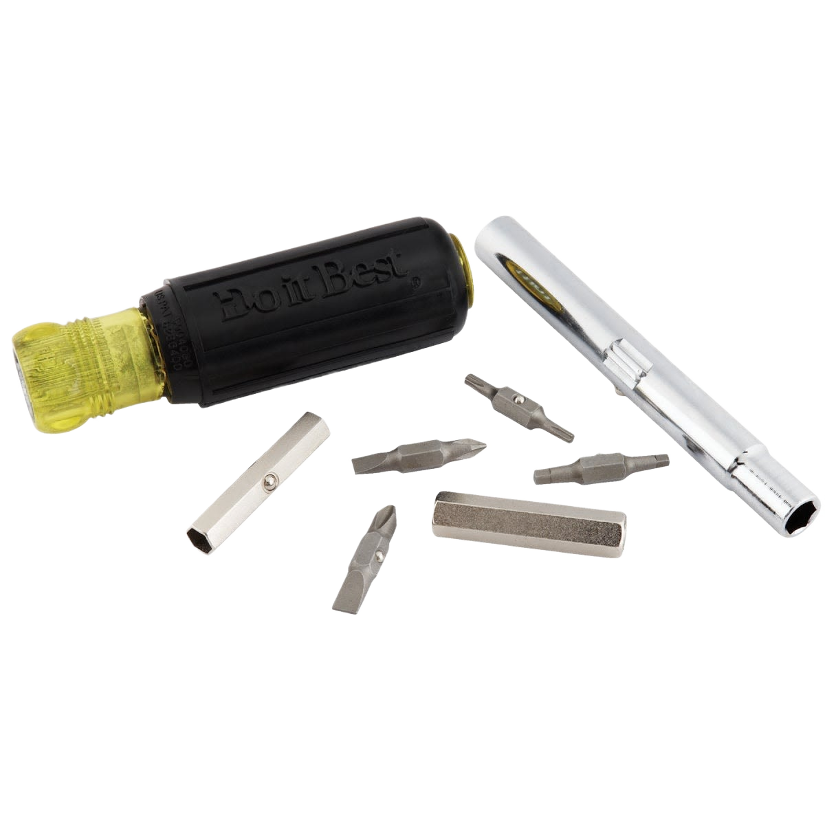 Compact multitool including black and yellow handle, nut driver, screwdriver bits, and metal sharpening tool for home use