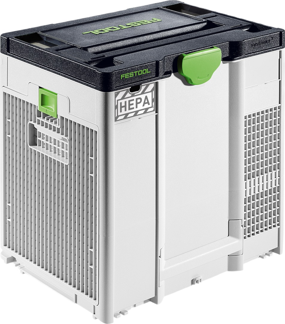 Portable HEPA air filtration system with white housing and green latch for dust control in tools and home improvement tasks