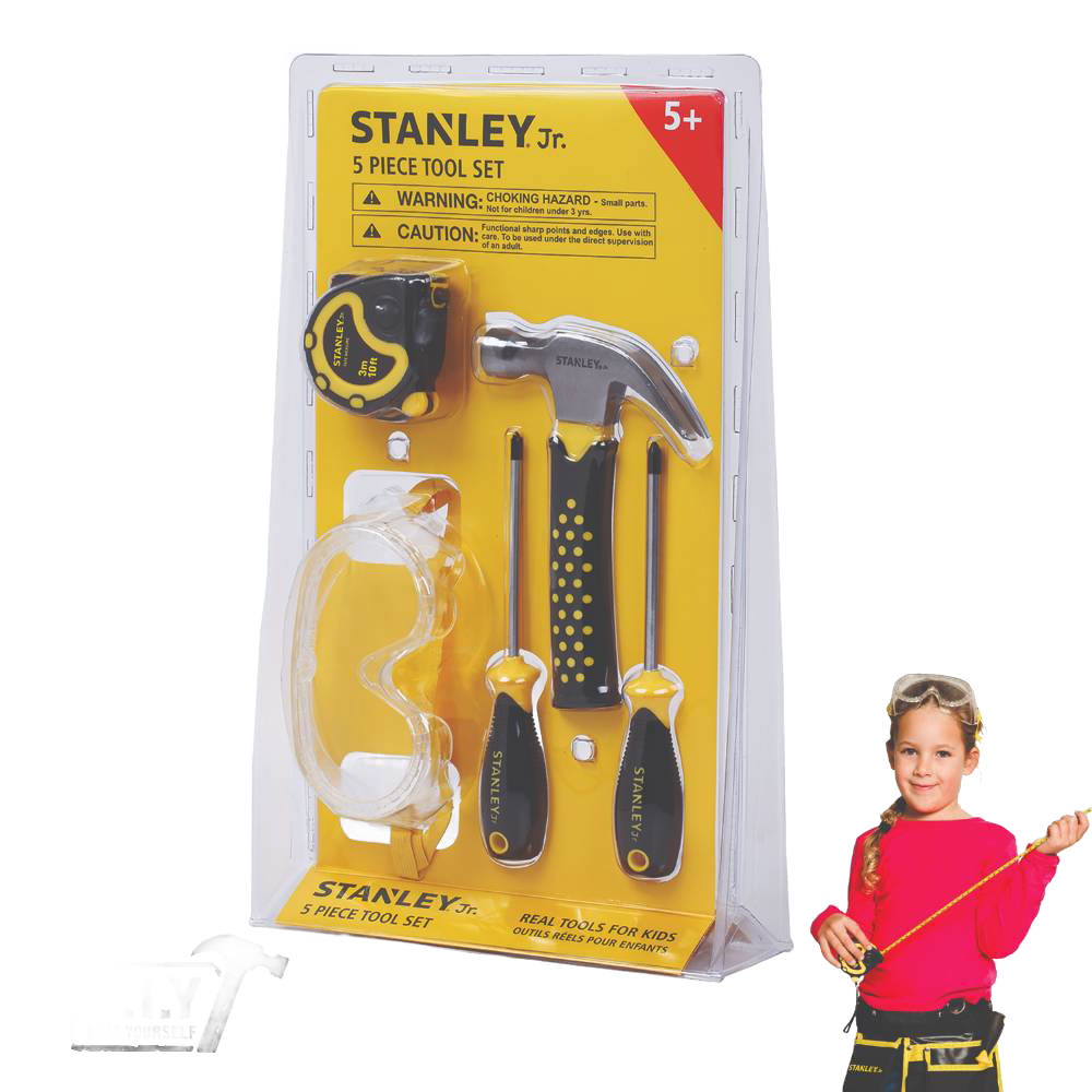 Five-piece Stanley Jr toolset with hammer, screwdrivers, safety goggles, and tape measure for kids in Toys & Games collection