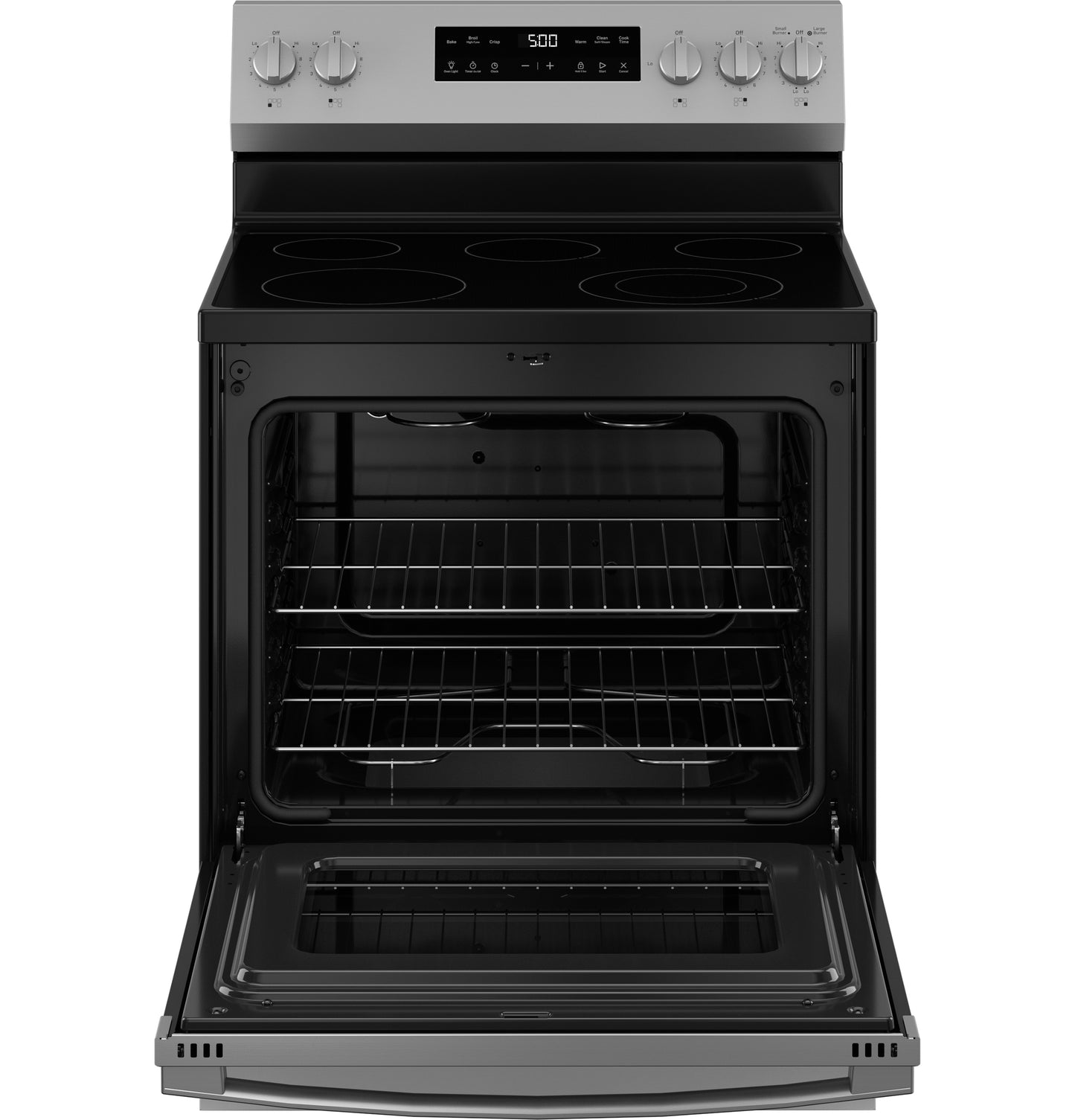 Stainless steel free-standing electric range with glass cooktop, digital controls, and open oven interior for kitchen appliances