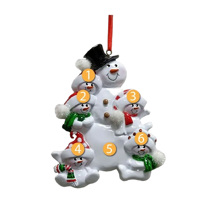 Decorative snowman family of five ornament with festive hats and scarves for Christmas tree decor under $50