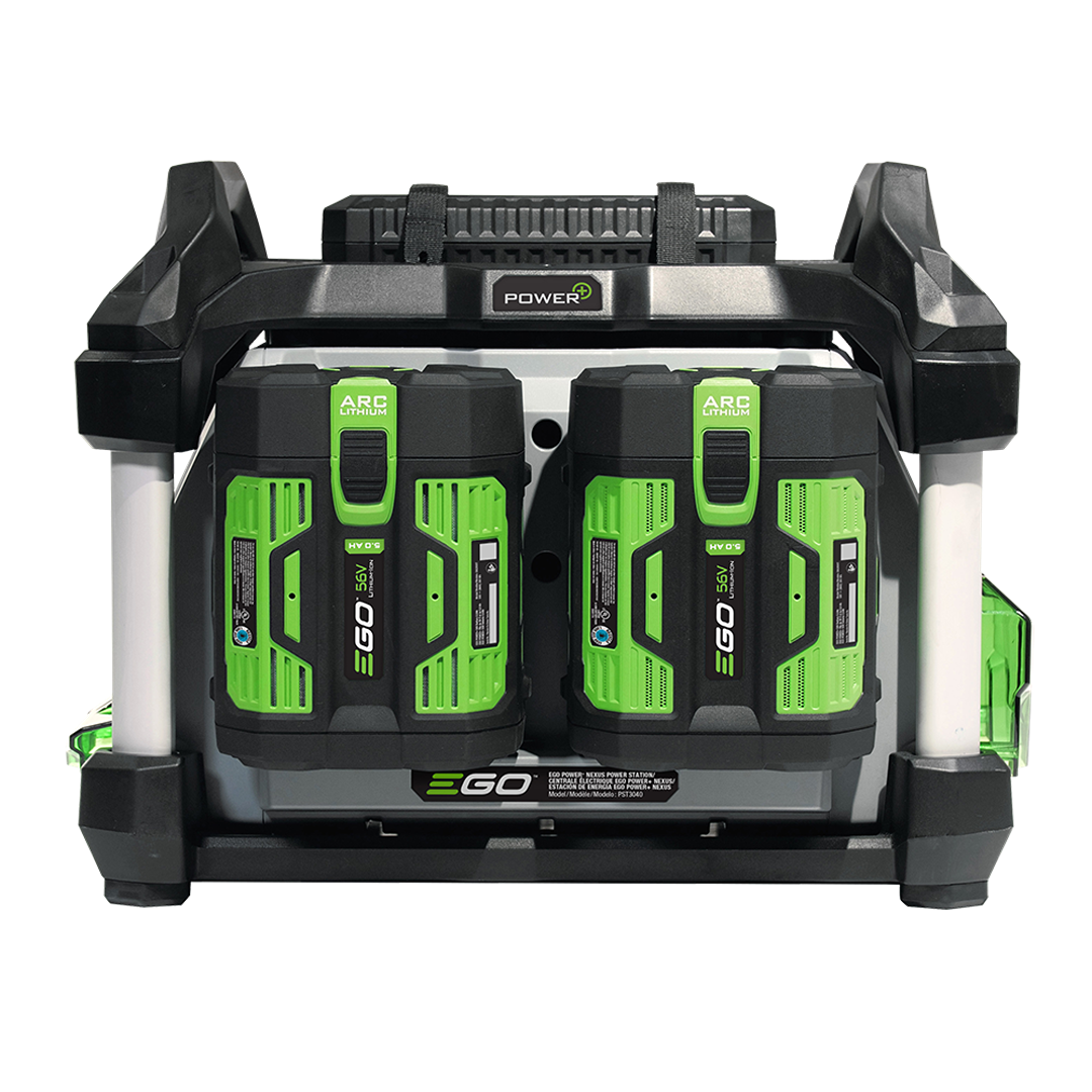 Black and green portable power station with two 7.5Ah lithium-ion batteries in rugged frame for tool and home use