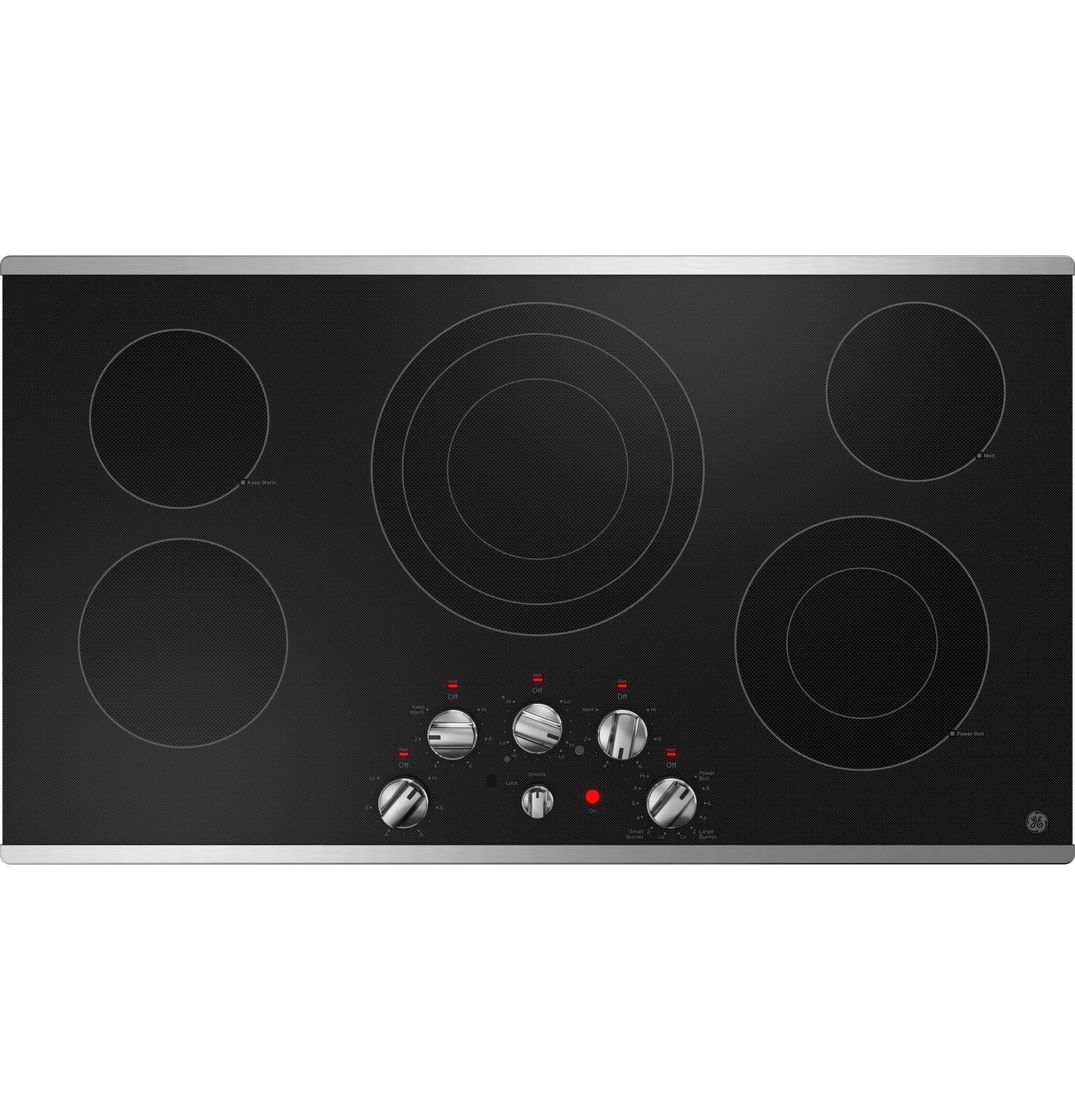 Black glass electric cooktop with five radiant elements and stainless steel knob controls in kitchen appliances collection