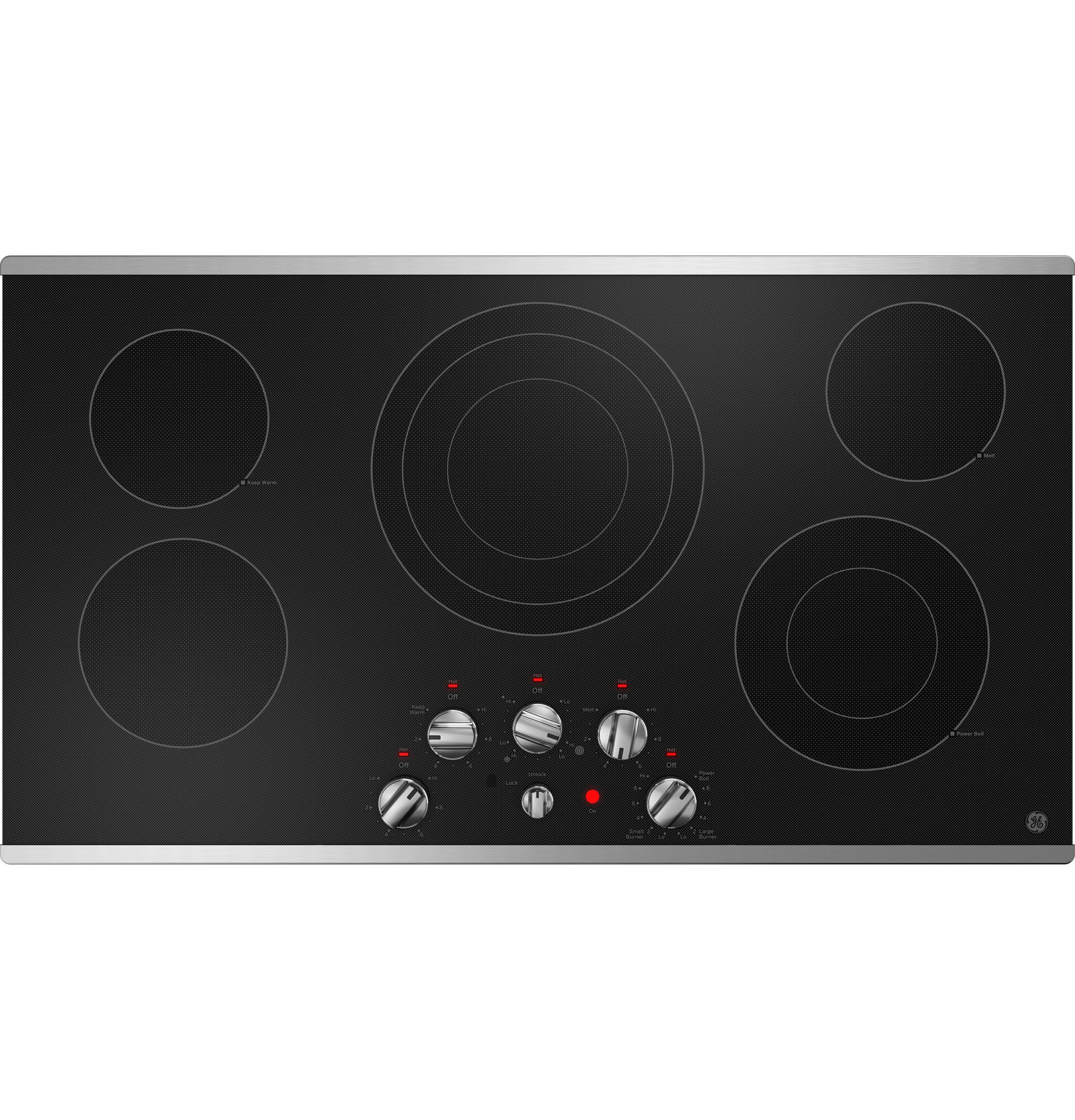 Black glass electric cooktop with five radiant elements and stainless steel knob controls in kitchen appliances collection