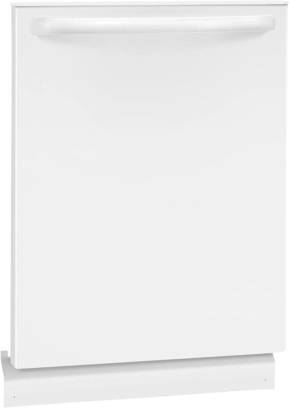 White 24-inch built-in dishwasher with a smooth front panel and integrated handle for kitchen appliance collection