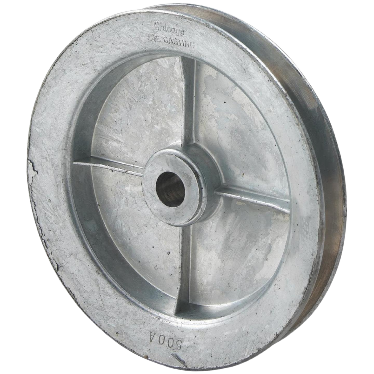 Metal single groove pulley with reinforced spokes for home improvement and tools applications