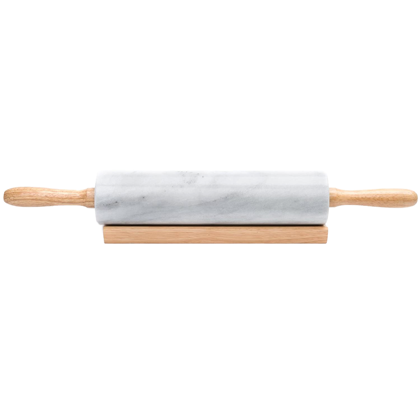Marble rolling pin with wooden handles resting on a wooden stand, part of kitchenware and bakeware collection under $50
