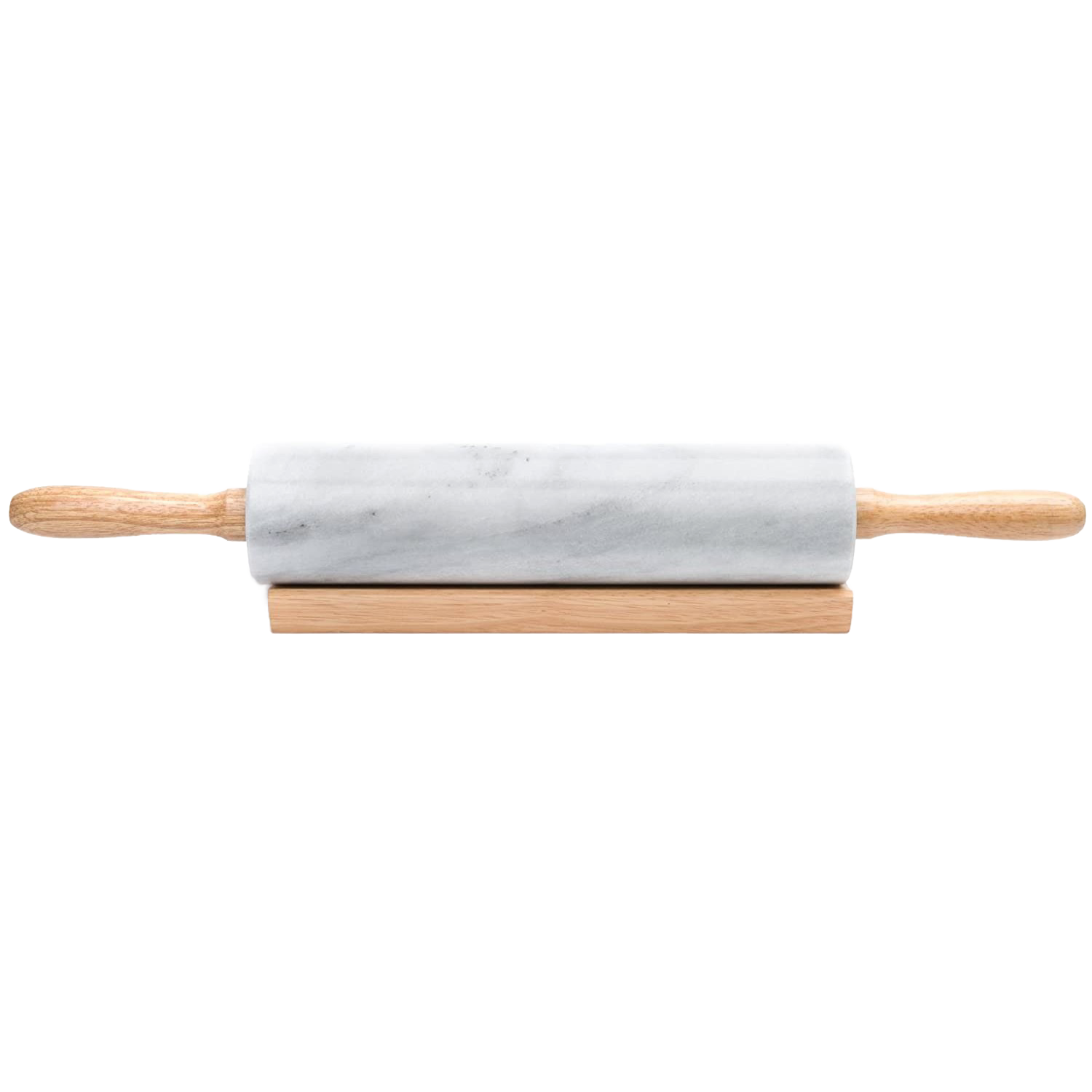 Marble rolling pin with wooden handles resting on a wooden stand, part of kitchenware and bakeware collection under $50