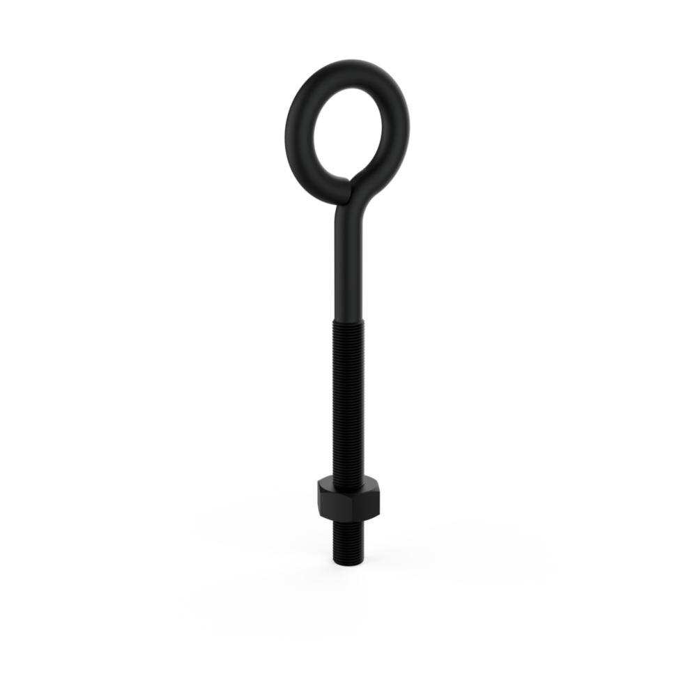 Black eye bolt with threaded shaft and hex nut for secure fastening in hardware, hooks, fasteners, and home improvement projects under $50