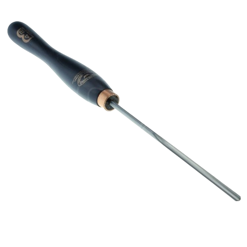 Woodturning spindle gouge with black ergonomic handle and precise narrow 1/4 inch blade for detailed woodworking tasks