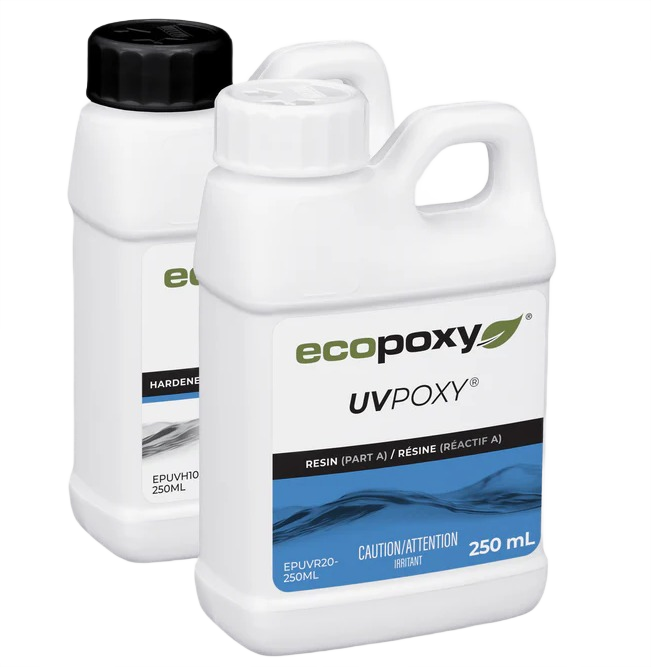 Two white containers of EcoPoxy UVPoxy resin and hardener for woodworking and finishing projects under $50 collection