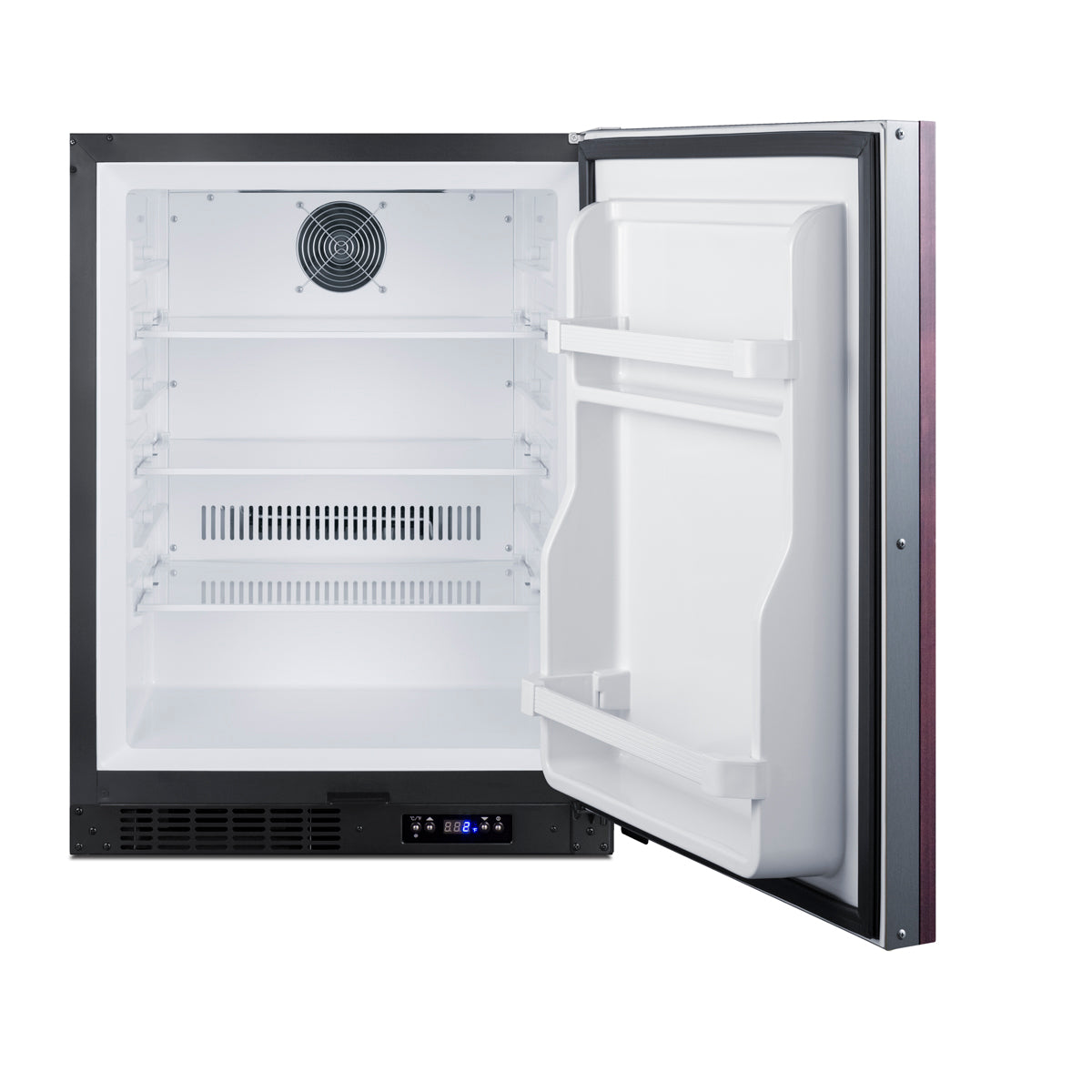 Built-in all-freezer with open door, white interior, adjustable shelves, and digital temperature controls for kitchen appliances collection