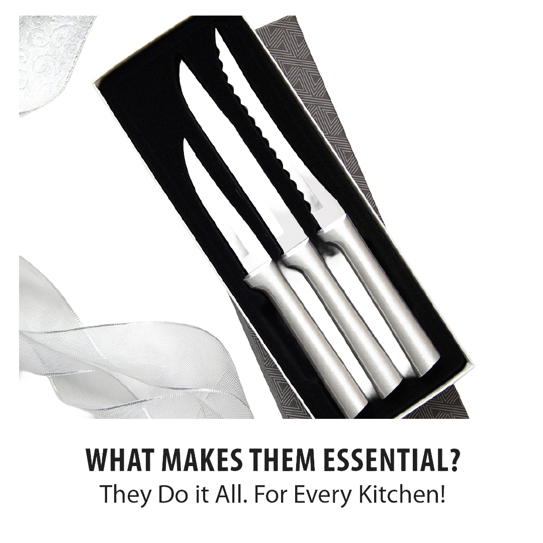 Three-piece Rada knives set with stainless steel serrated, utility, and paring blades in black gift box from Kitchen Utensils collection
