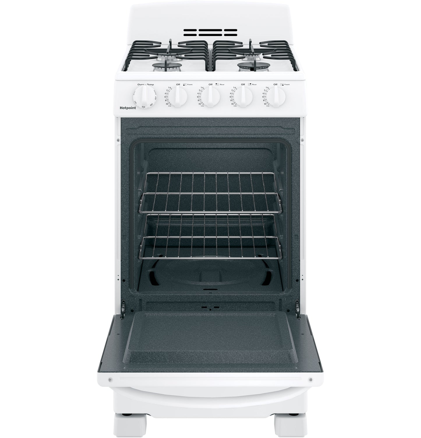 White free-standing gas range with front knobs, open oven door, and two oven racks in Kitchen & Kitchenware collection