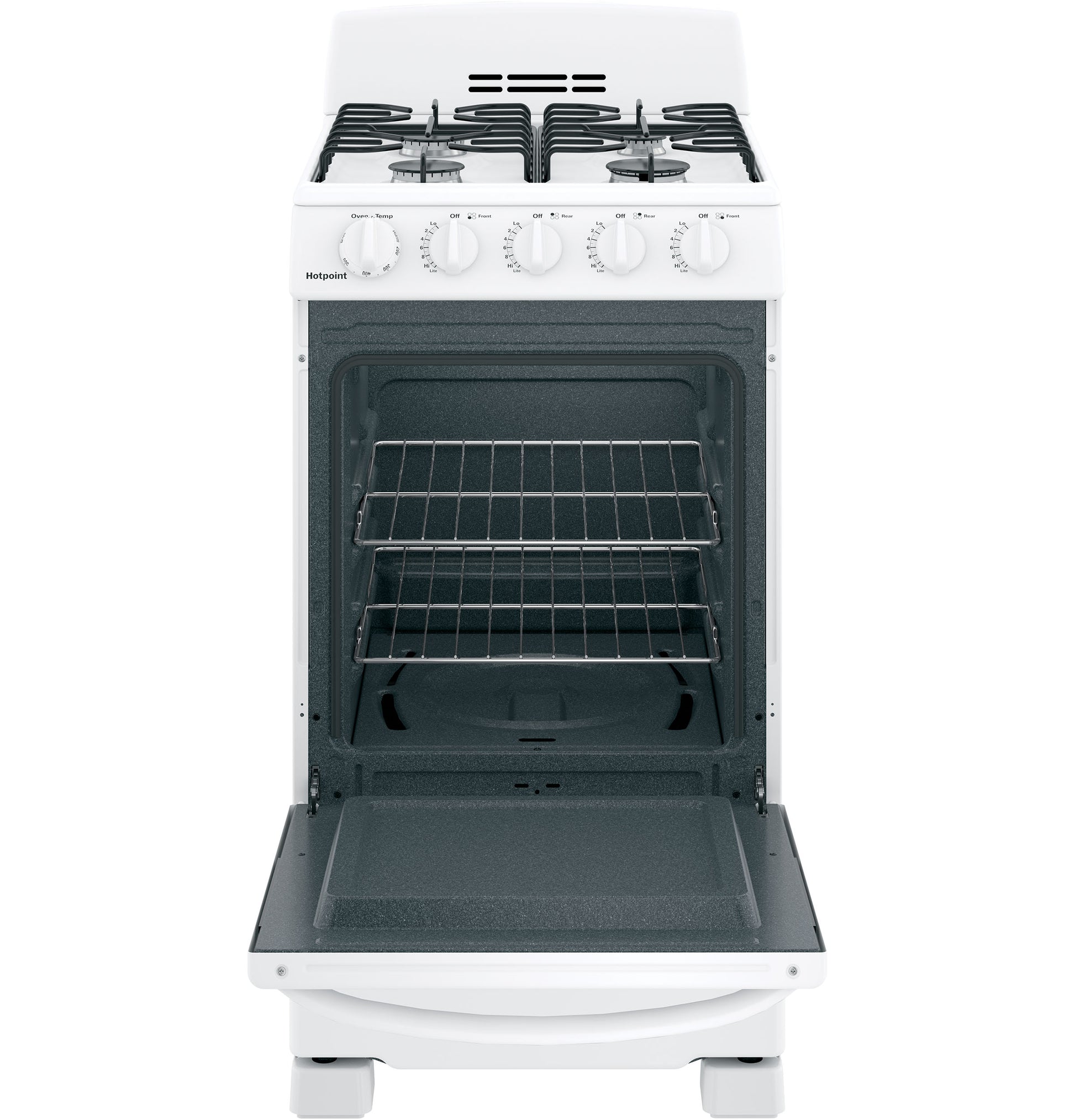 White free-standing gas range with front knobs, open oven door, and two oven racks in Kitchen & Kitchenware collection