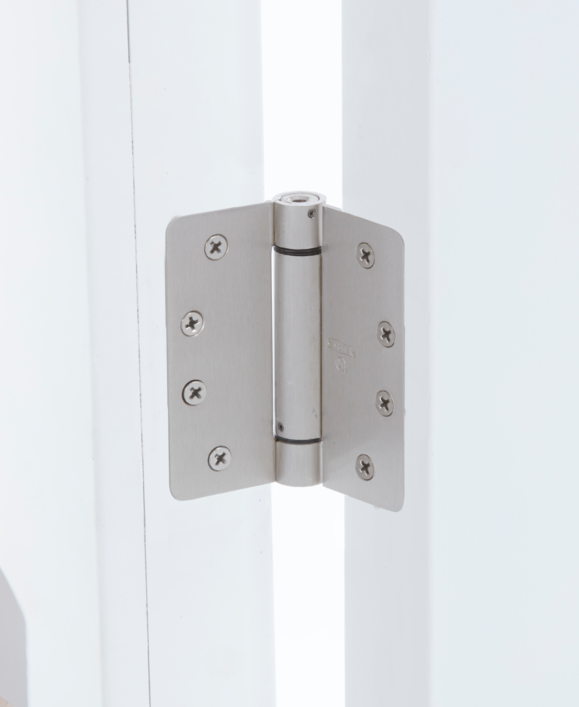 Satin nickel spring door hinge with 1/4-inch radius for home improvement and door hardware projects under $50