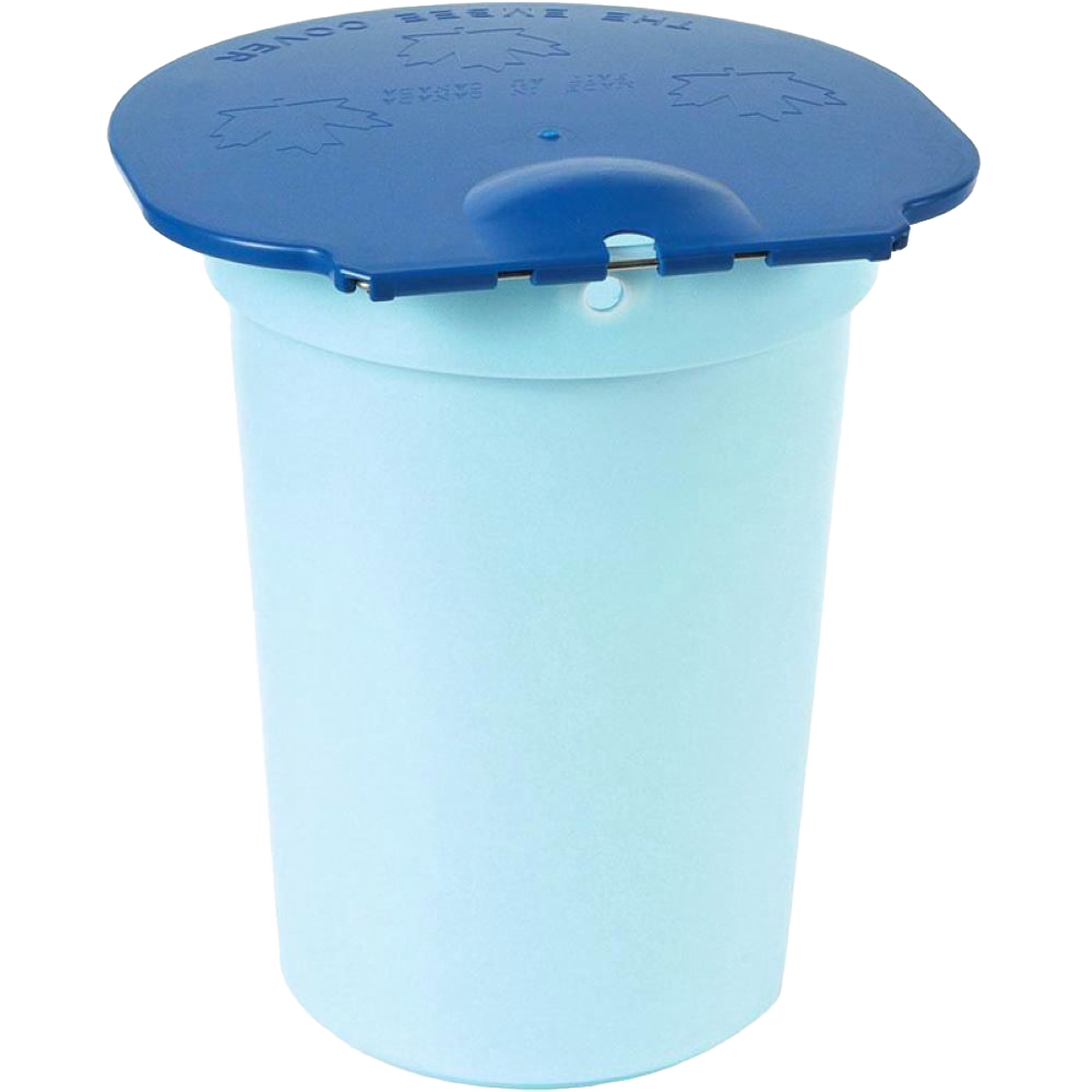 Light blue plastic bucket with fitted dark blue lid featuring embossed maple leaf shapes for outdoor use