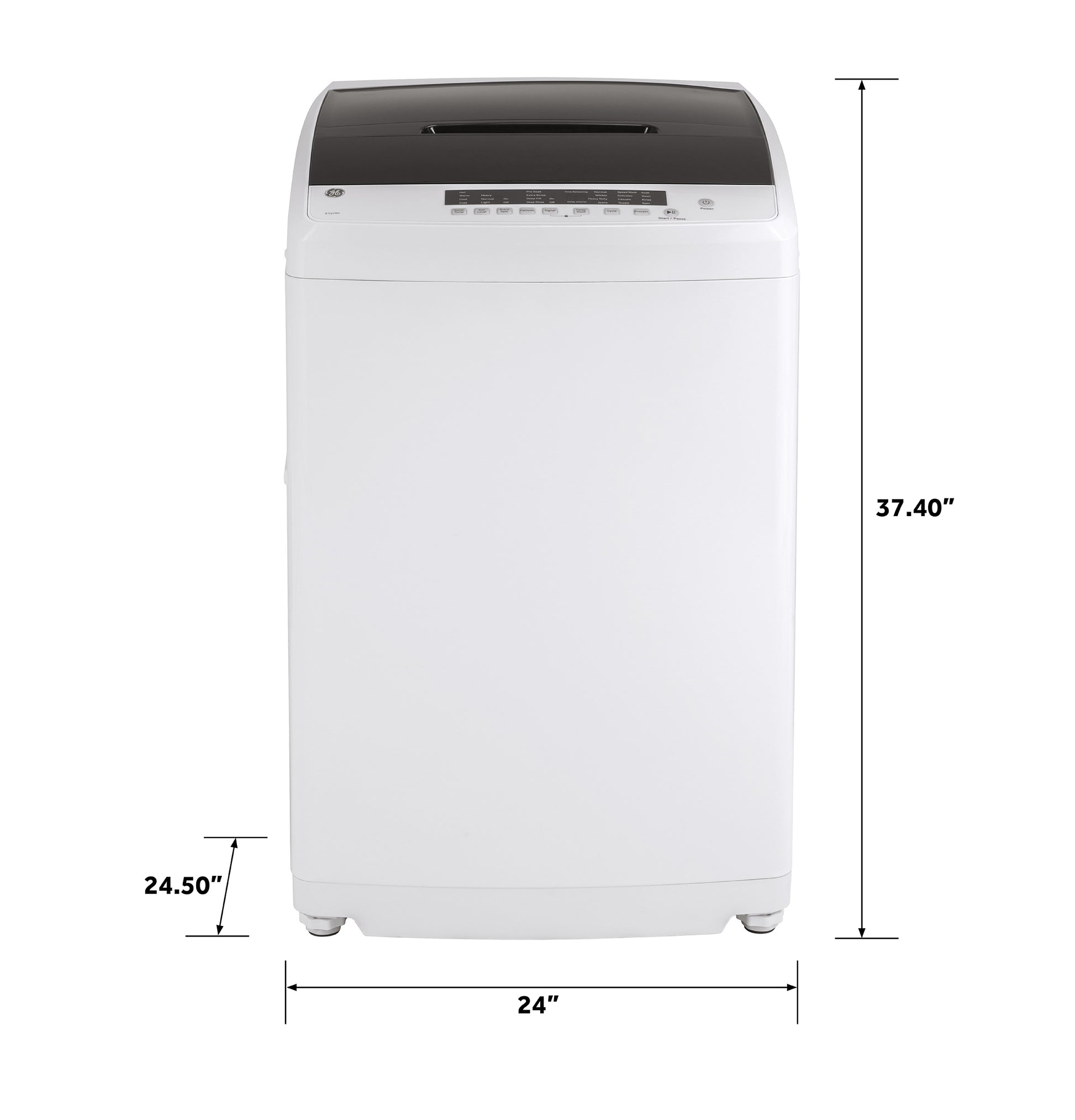 Front view of a white top load washer with digital controls and space-saving compact dimensions for home appliances.