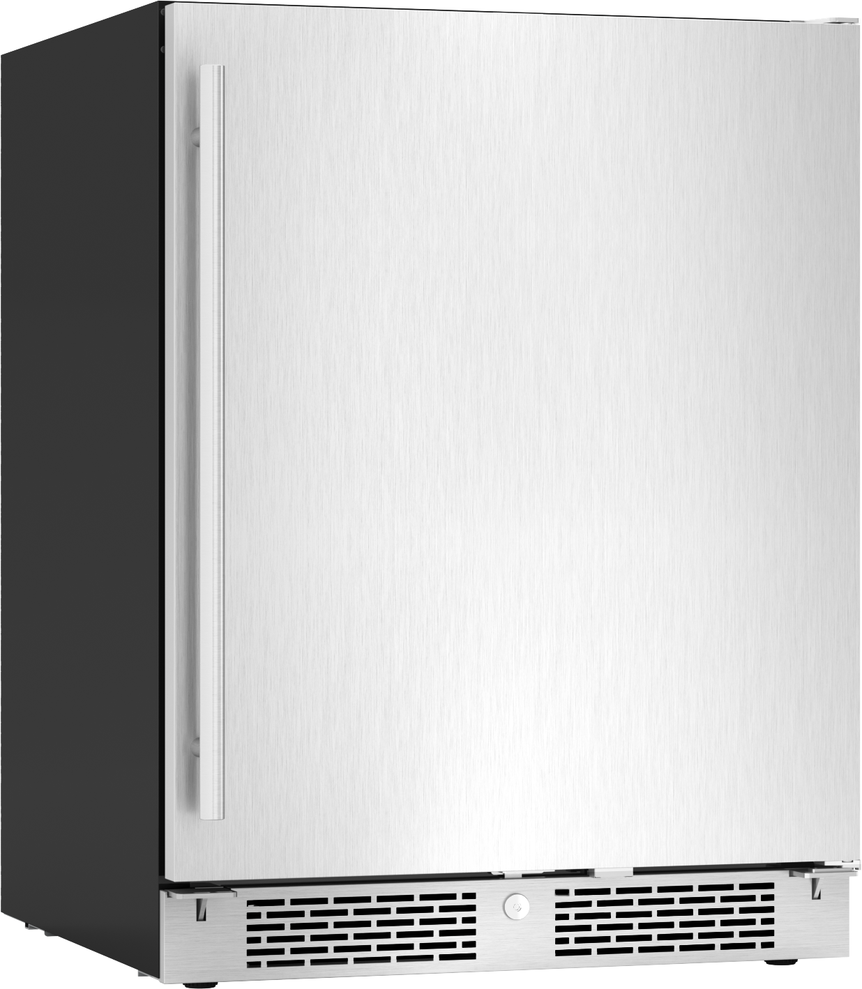 Compact undercounter stainless steel beverage center with reversible door and ventilation grille from kitchen appliances collection