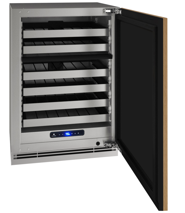 Stainless steel dual-zone wine refrigerator with multiple racks and digital temperature display in kitchen appliance collection