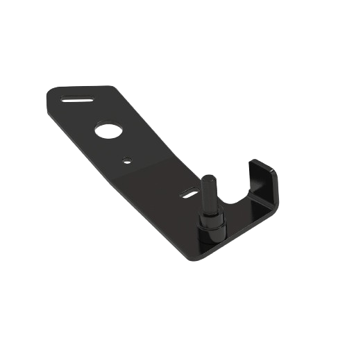 Black metal mower deck idler arm bracket with mounting holes for tools and home improvement projects