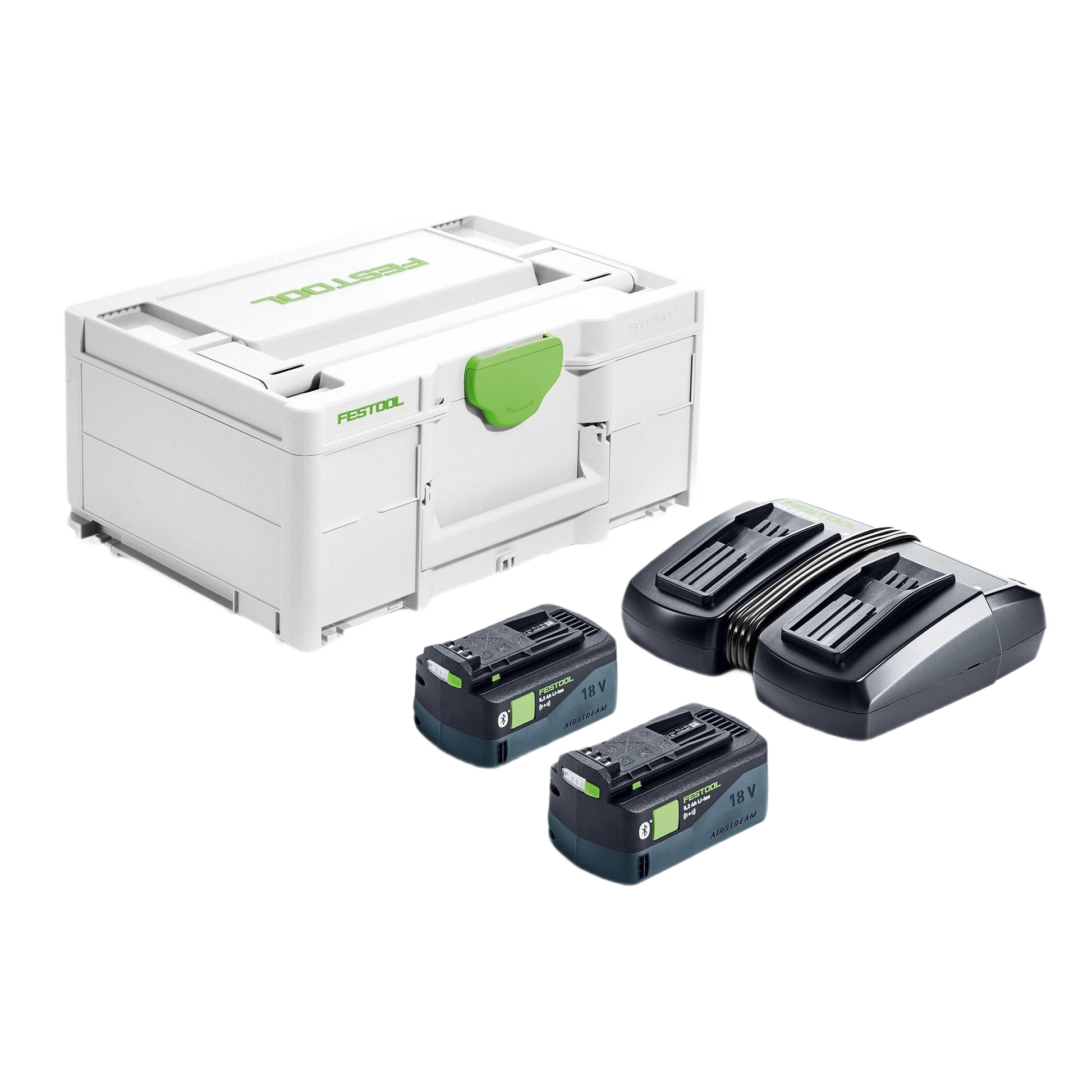 Compact white and green tool storage case with dual 18V batteries and dual battery charger for home improvement tasks