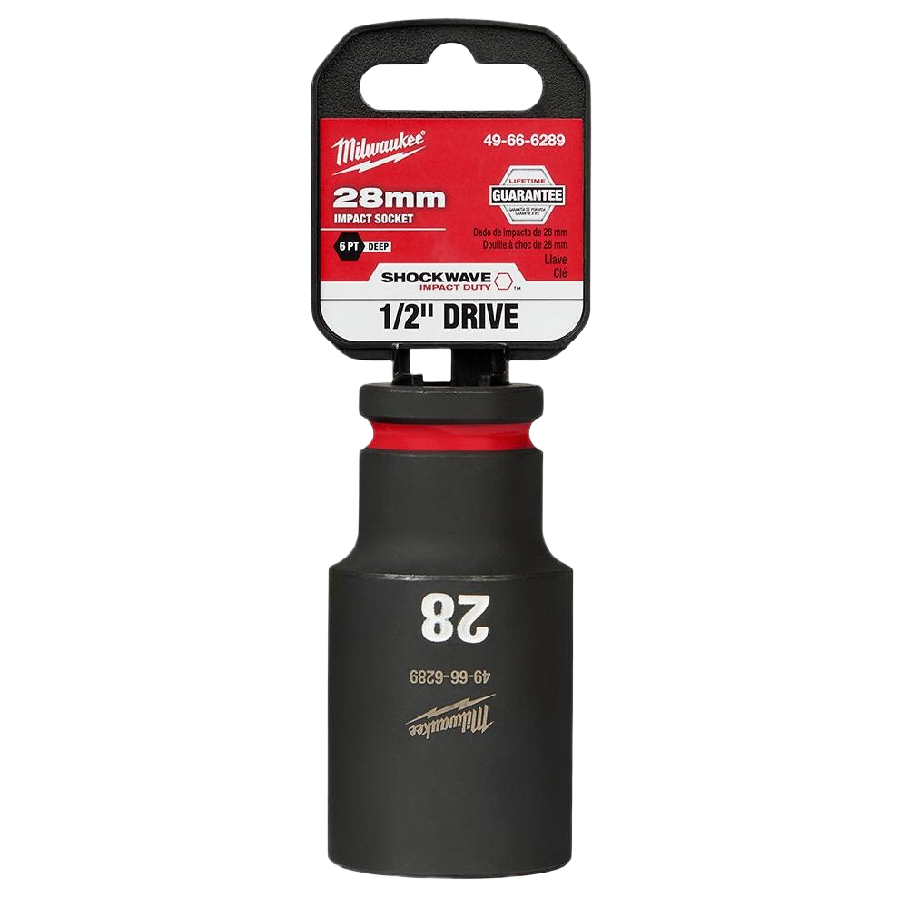 28mm Milwaukee forged steel impact socket with 1/2" drive and deep 6-point design for hand and woodworking tools