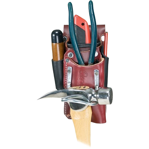 Brown leather tool holder with hammer, pliers, and utility knife for woodworking and workshop organization under $100 collections