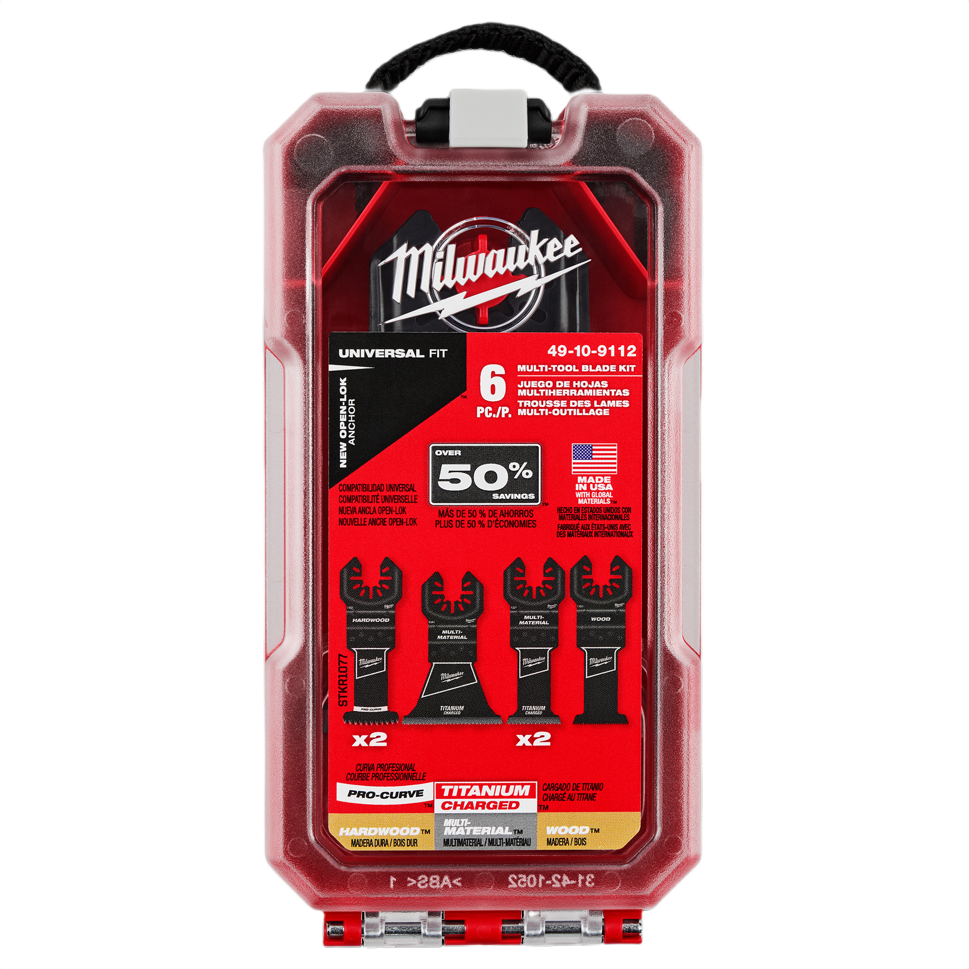 Compact red hard plastic case containing six titanium-coated multi-tool blades for home improvement tasks