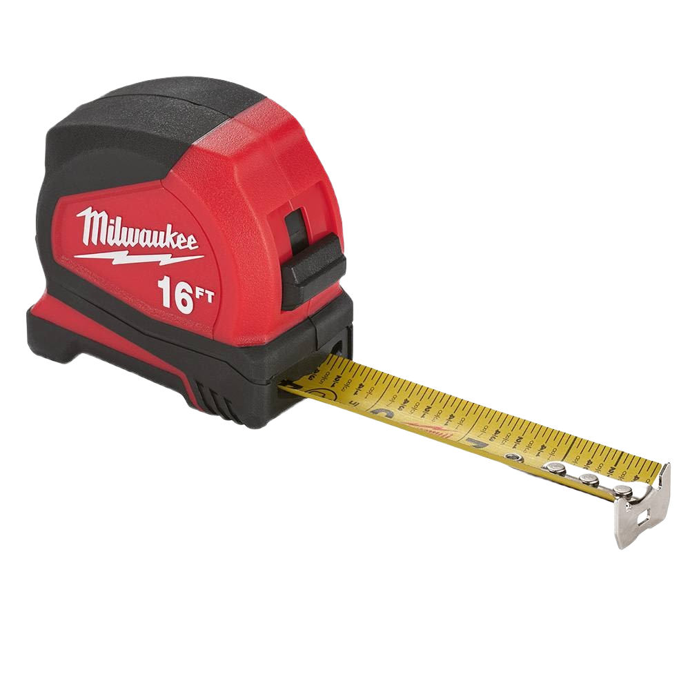 Red and black Milwaukee 16-foot tape measure with nylon-coated blade for hand and woodworking tool collections