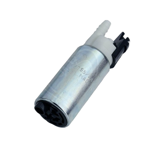 Metal cylindrical fuel pump with plastic connectors designed for home improvement and equipment repair tasks