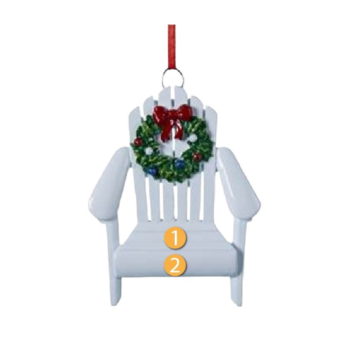 White Adirondack chair ornament decorated with Christmas wreath and red bow for seasonal home decor and gifting