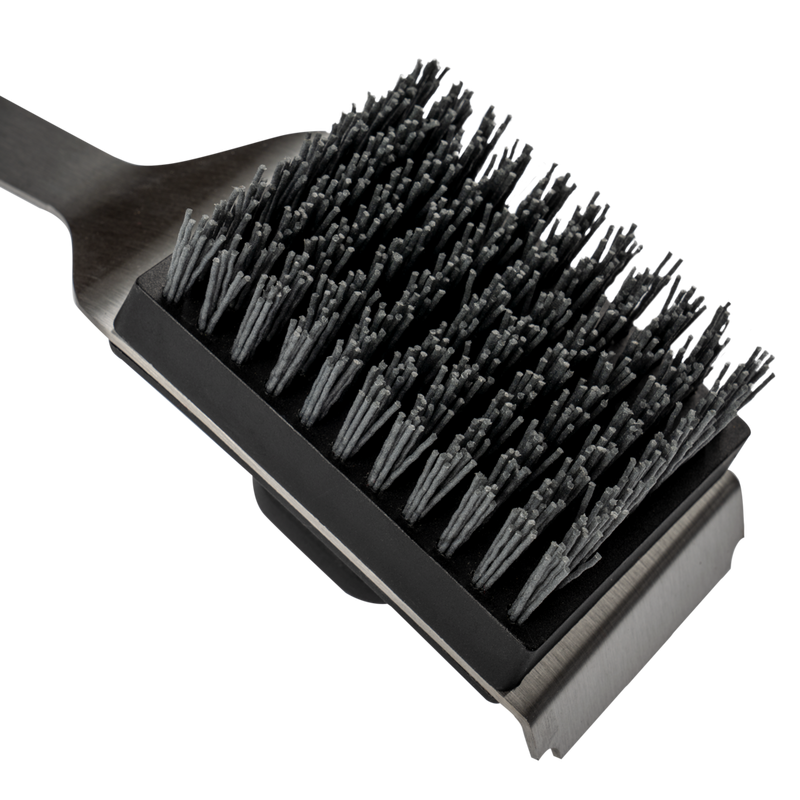 Grill cleaning brush head with dense nylon bristles and stainless steel scraper for outdoor grill maintenance tools