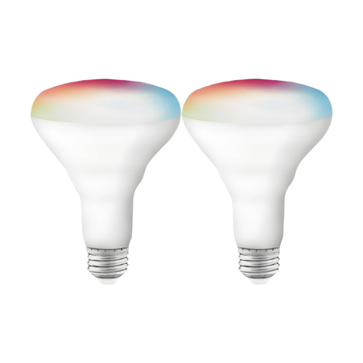 Pair of white BR30 LED smart light bulbs with color changing and Wi-Fi control for home lighting and electrical use
