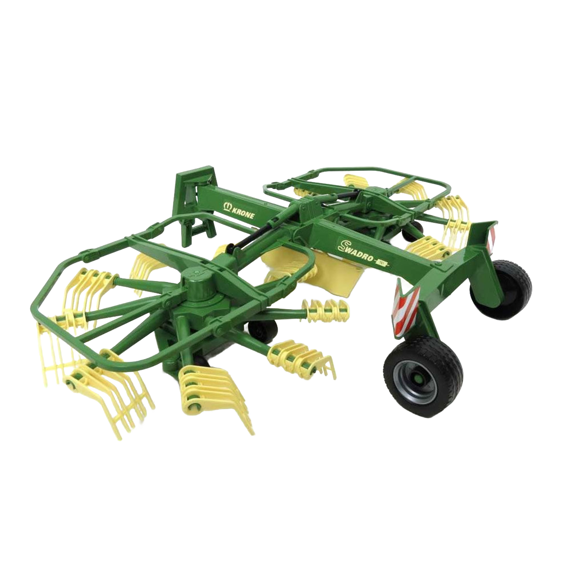 Green and yellow dual rotary swath windrower model toy with folding cantilever arms from Bruder Toys collection