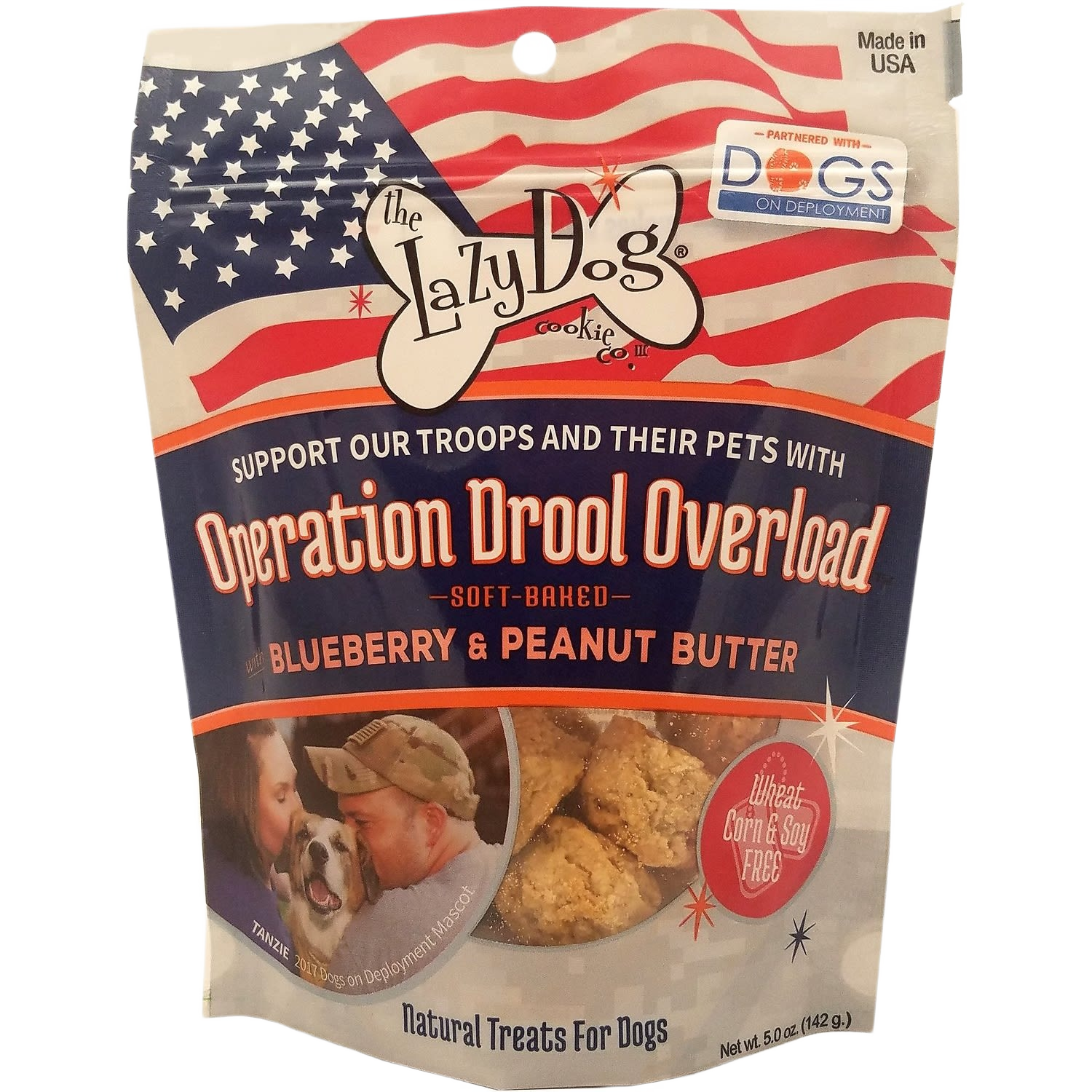Soft-baked blueberry and peanut butter dog treats in patriotic packaging for pet supplies and treats collection under $50