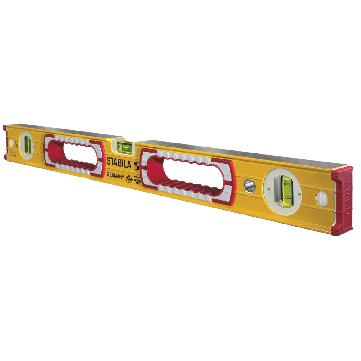 Yellow heavy-duty box level with sturdy frame and multiple vials for precise measurements in woodworking tools collection