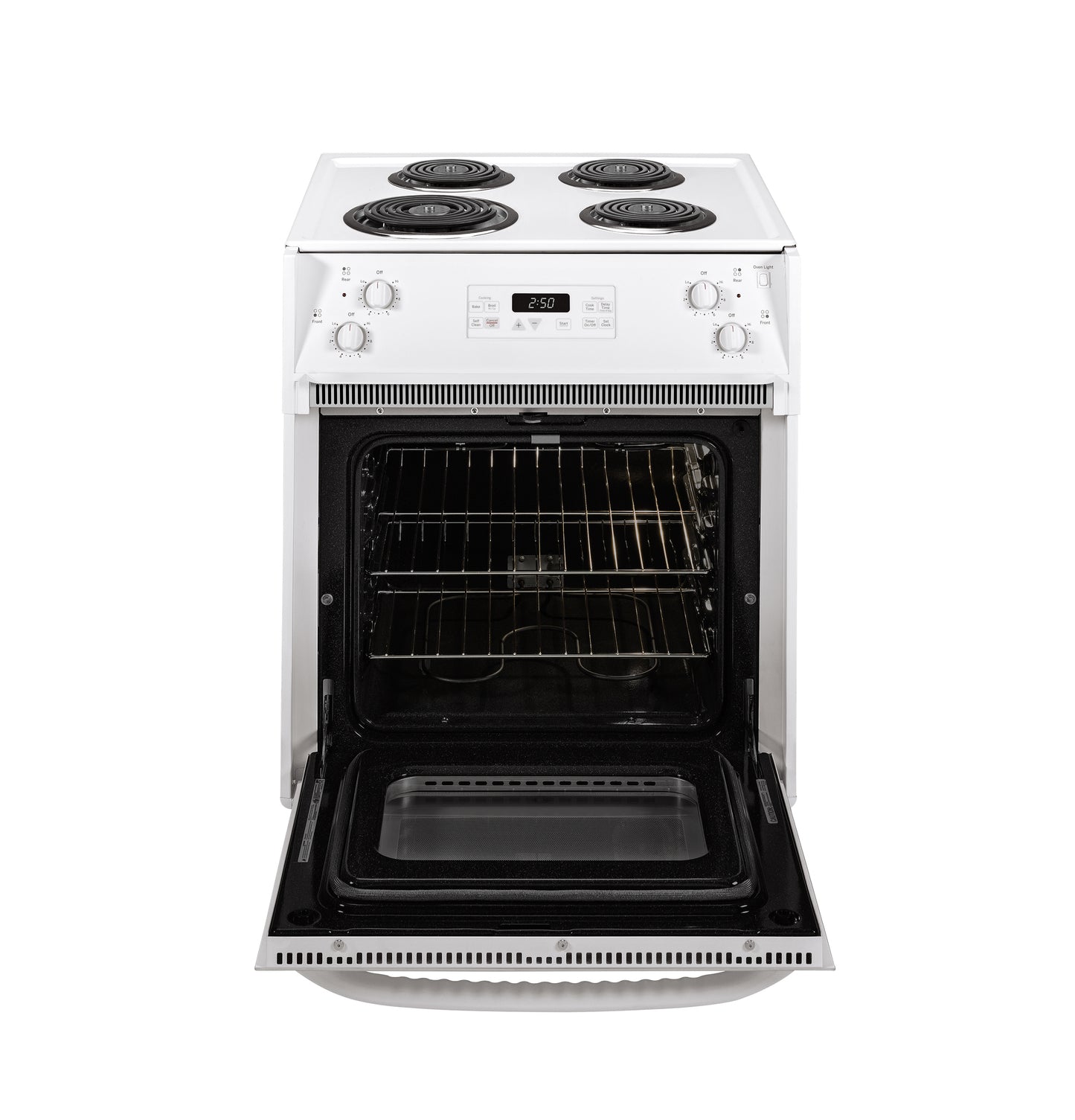 White drop-in electric range with coil burners and open oven door featuring multiple racks in kitchen appliances collection