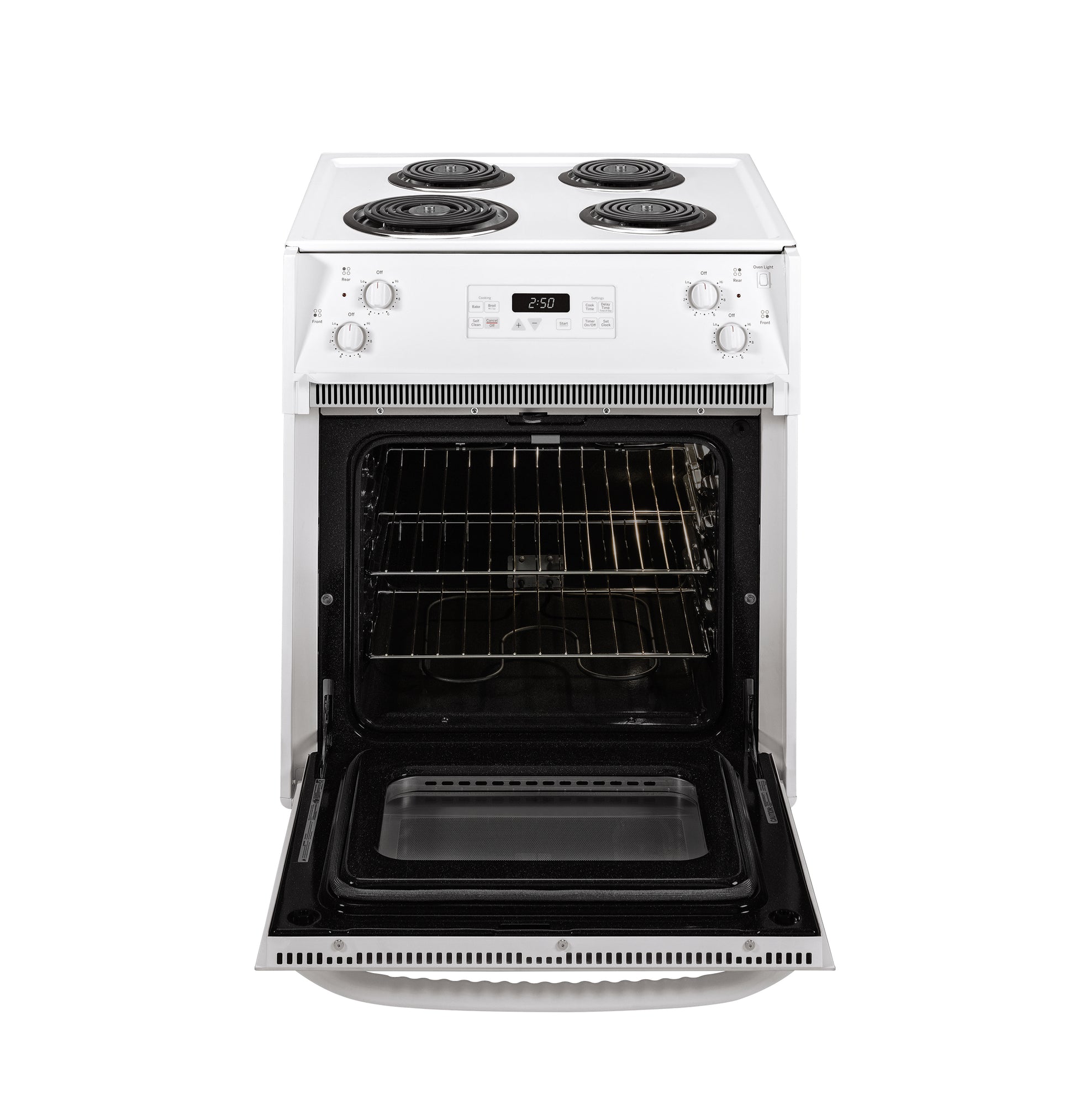 White drop-in electric range with coil burners and open oven door featuring multiple racks in kitchen appliances collection