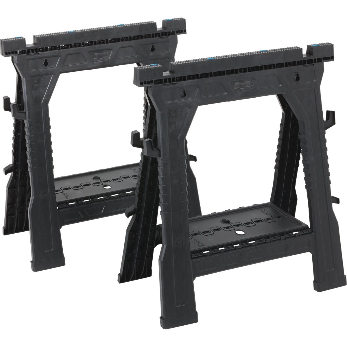 Pair of black plastic folding sawhorses with sturdy design for home improvement and tool support projects